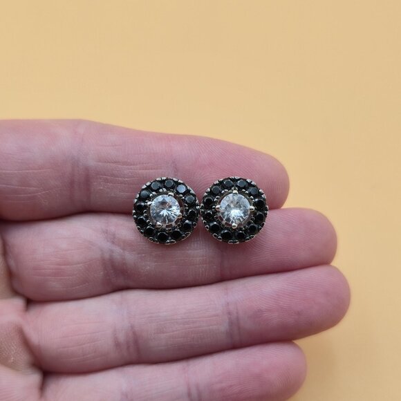 Sterling Silver Clear Topaz And Onyx Gems Stud Earrings A5814 - Picture 1 of 8